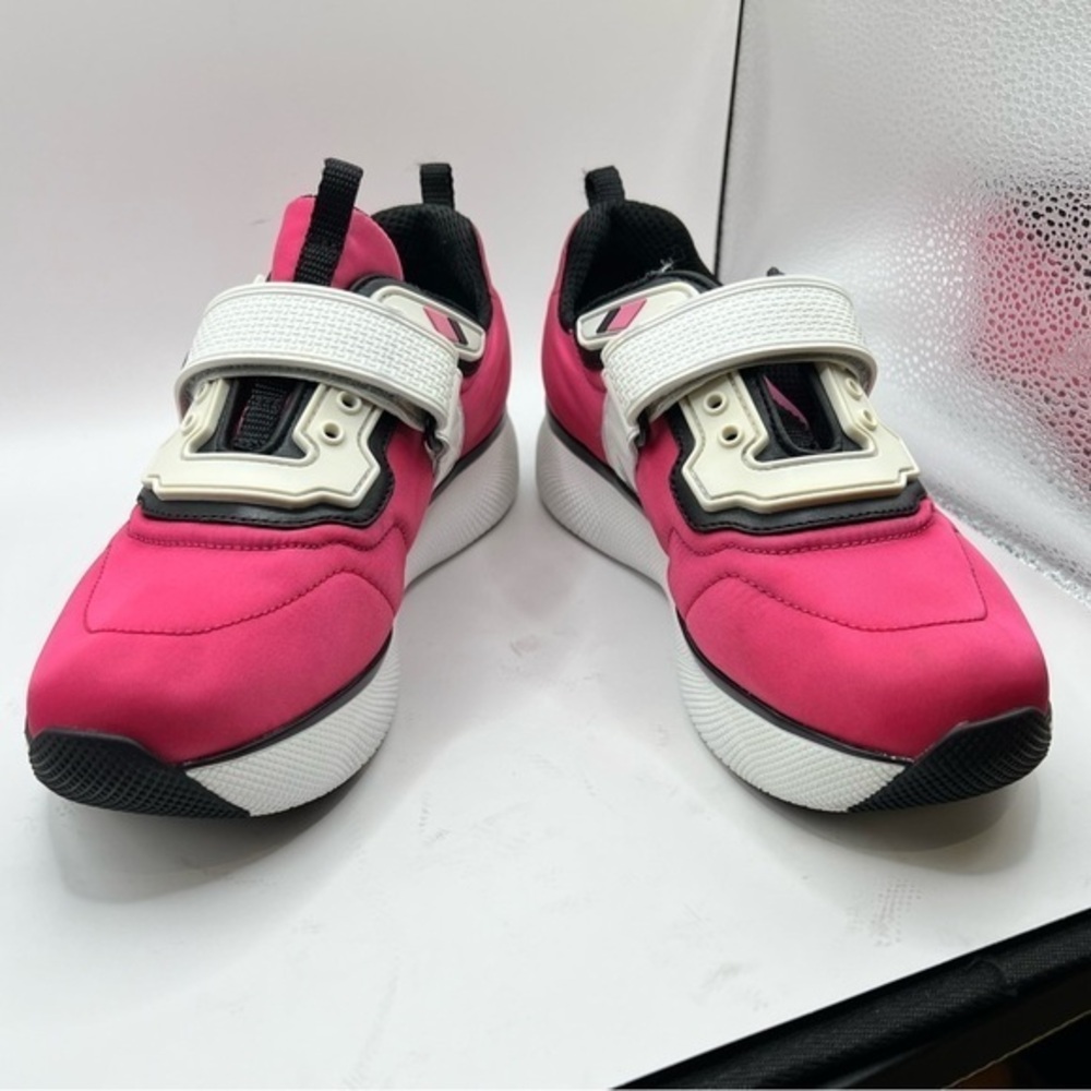 Prada Pink nylon patent trainers with thick sole and cool strap and patent